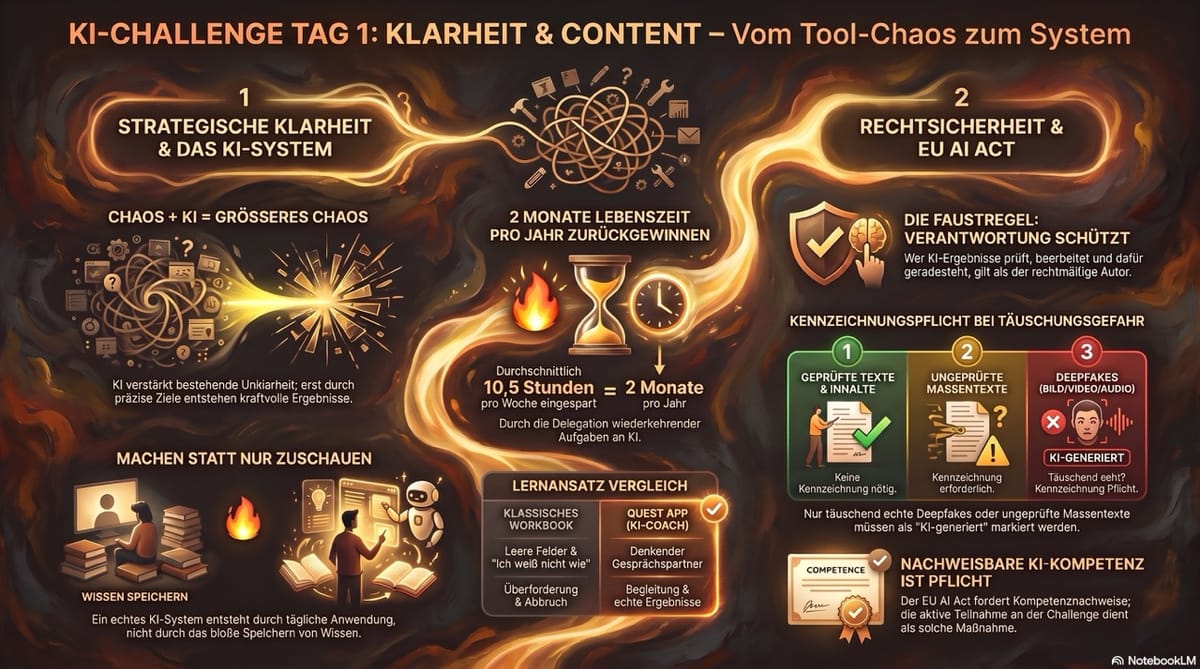 Phase 2 der 14-Tage-KI-Challenge – Tag 1: Klarheit, Content-Erstellung und EU-AI-Act Transparenzpflichten