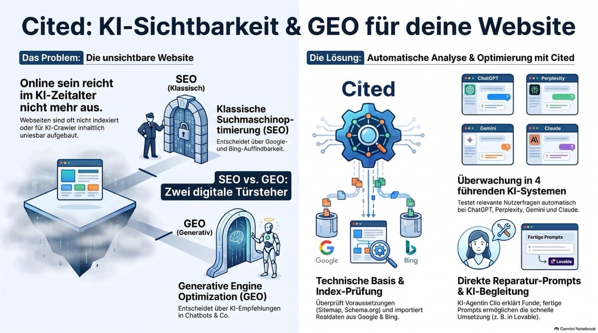 Einführung und Funktionsweise des KI-Tools 'Cited' zur Webseitenanalyse und Zitierbarkeit